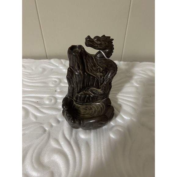 Vintage Medieval Fantasy Dragon Incense Burner Cone Brown Ceramic Waterfall - Picture 1 of 14